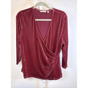 Soft Surroundings XL Elegant Burgundy Velvet Wrap 3/4 Sleeve Top whimsy Y2K